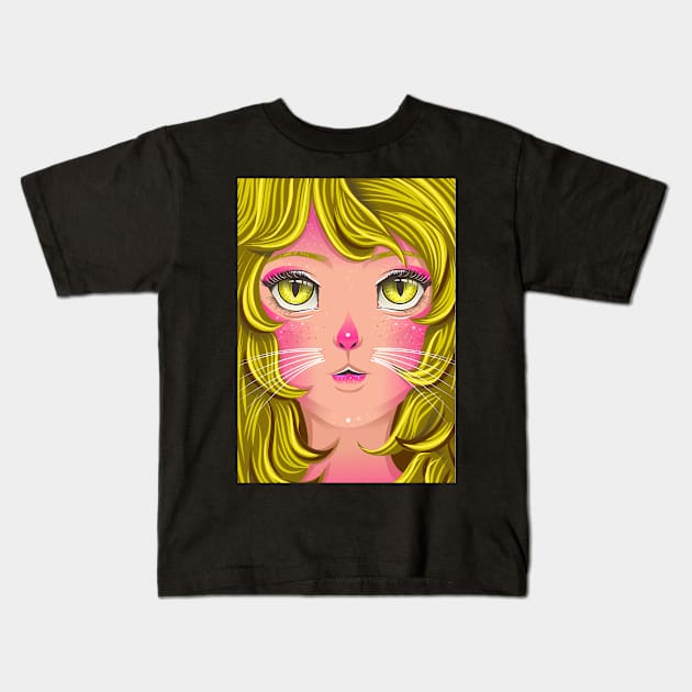 Cat Girl Portrait Kids T-Shirt by unygara